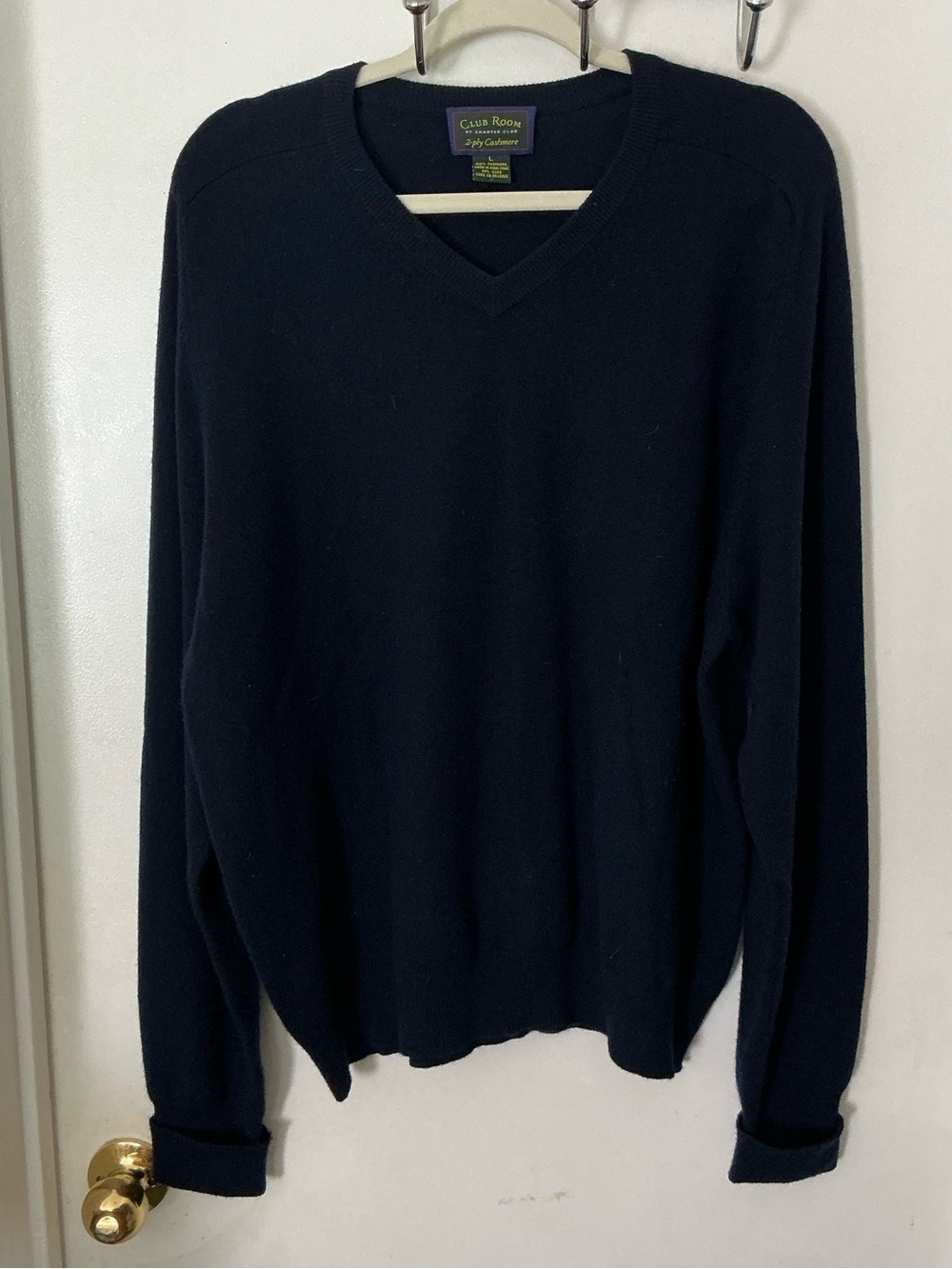 Club Room Men's V-Neck Navy Cashmere Sweater - made in Hong Kong